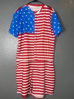 2X USA Flag Stars Stripes Patriotic Jumpsuit Short Sleeve One Piece